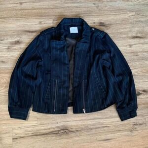 J.O.A. Just One Answer Cropped Moto Jacket w/ Pinstripes in Navy Green - Size S